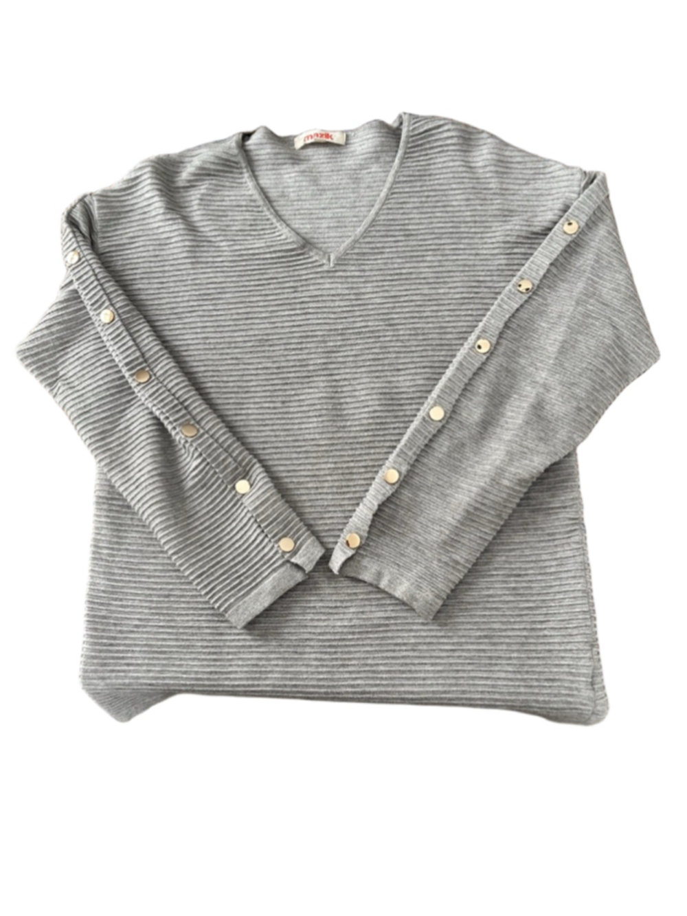 Women's Mazik Gray Ribbed V-Neck Sweater with Gold Buttons, Size S